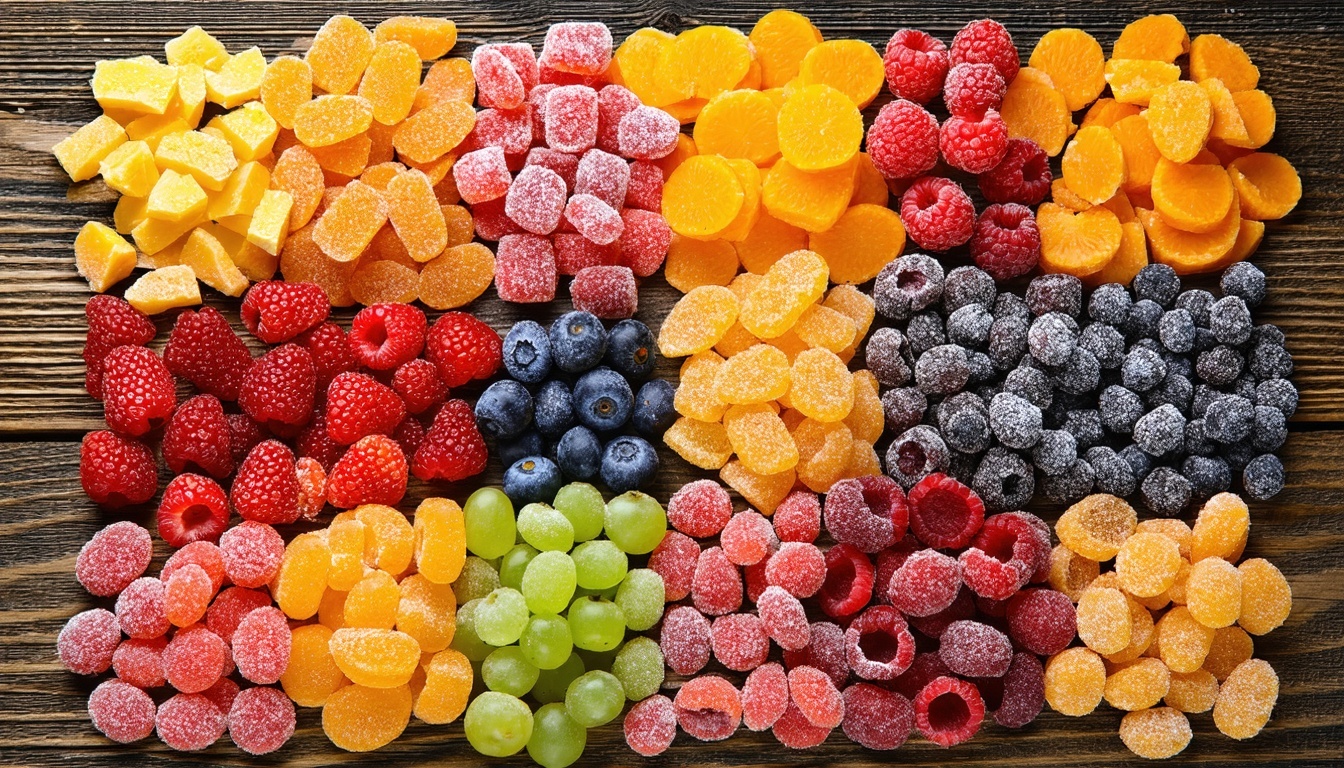A vibrant array of colorful freeze-dried fruits an